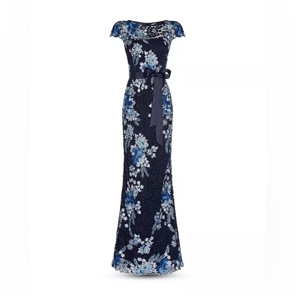 ADRIANNA PAPELL Floral Embroidered Lace Gown Navy Blue Size 2 NWT